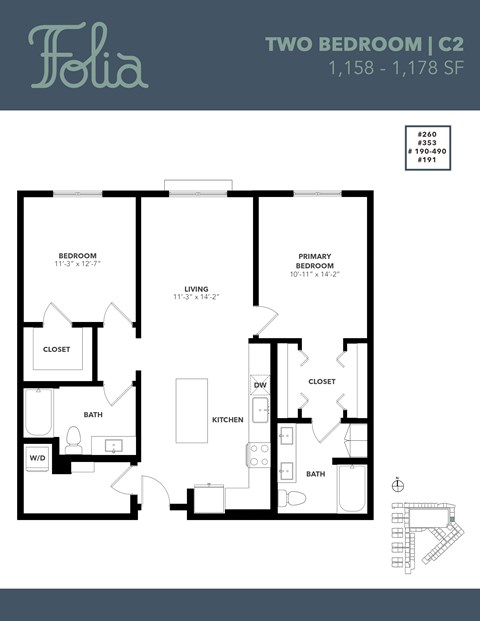 Floor plan for 2 beds, 2 baths, 1178 sqft